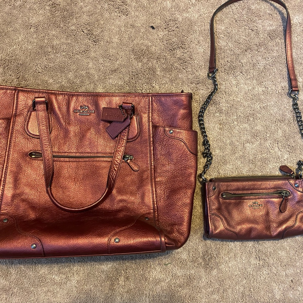 Coach purse and matching wristlet/ chain.Metallica purple color. Gently used.